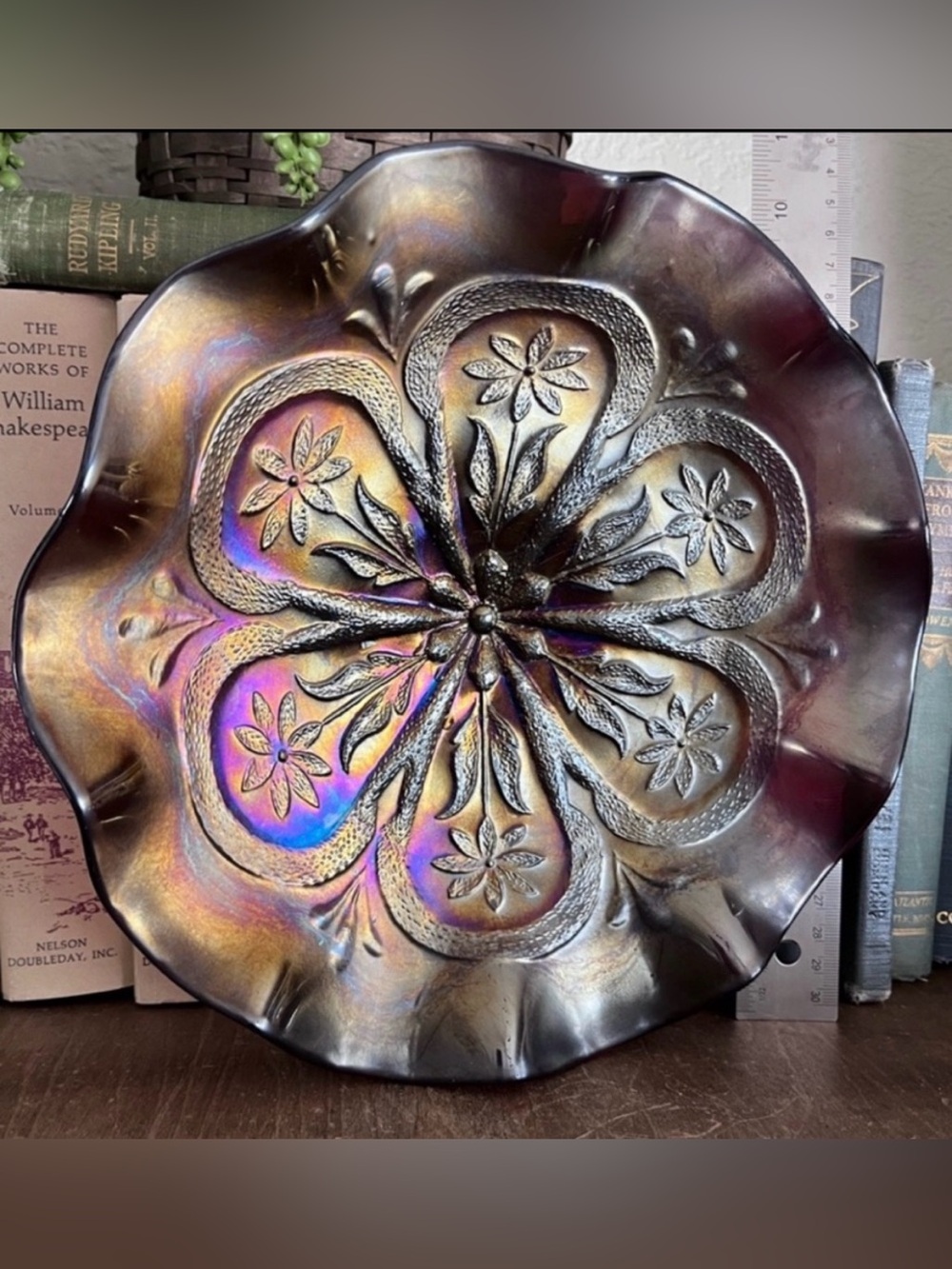Antique Dugan “Flowers & Frames” Black Amethyst Carnival Ruffled Bowl 1900s